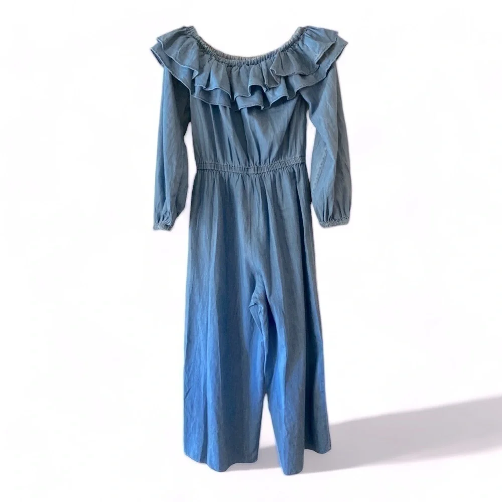 MICHAEL KORS Denim Chambray RUFFLE ON/OFF SHOULDER JUMPSUIT Small …Boho casual